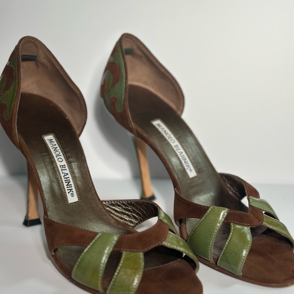 Manolo Blahnik Brown and Green Suede D'Orsay Open-Toe Heels - Picture 3 of 5